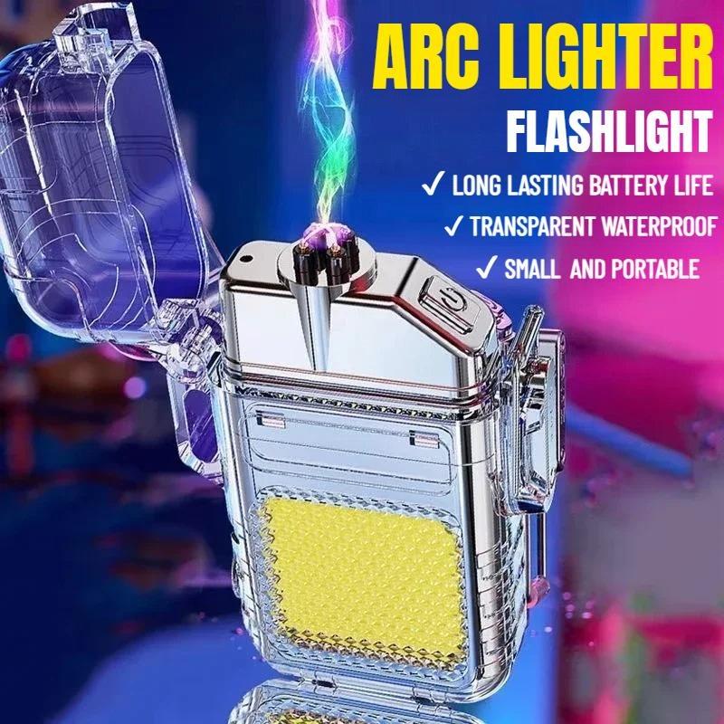 Double Arc Lighter Waterproof High COB Flashlight Windproof 3 Lighting Mode Type-C Rechargeable for Camping Hiking Survival Gear