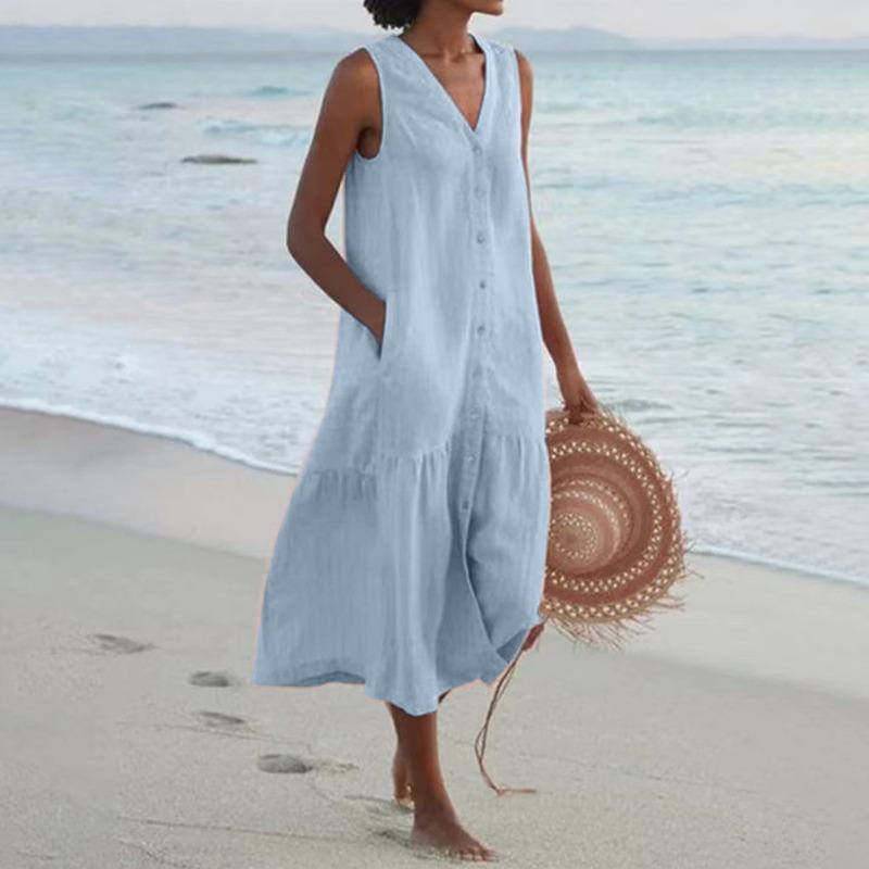Solid Color V Neck Sleeveless Loose Waist Long Dress Women Casual Commute Vacation