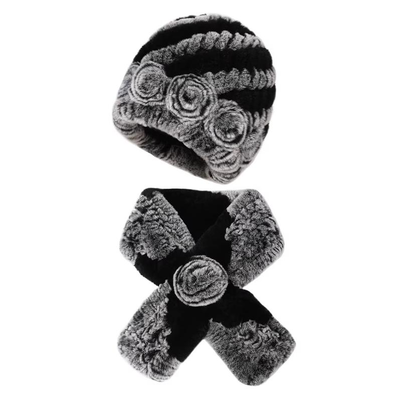 New Rex Rabbit Hair Hat Women's Winter Outdoor Scarf Set Warm Ear Protection Middle-aged and Elderly Fur Fashion