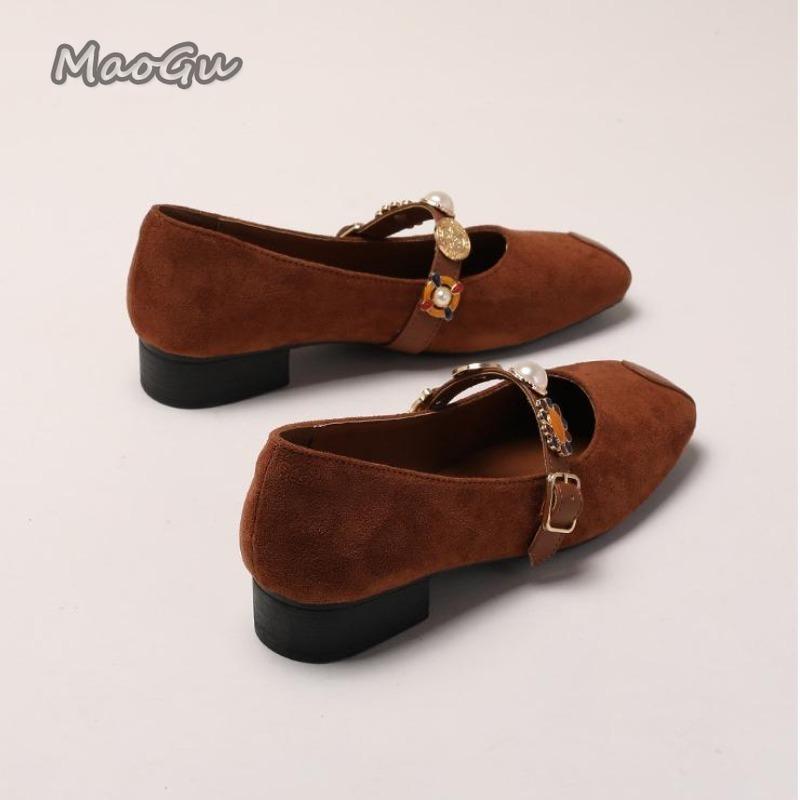 Fashion French Retro Suede Single Shoes for Women Office Ladies Low Heel Pumps Pearl Strap Mary Jane Shoes Size 35-43 Zapatos De Mujer