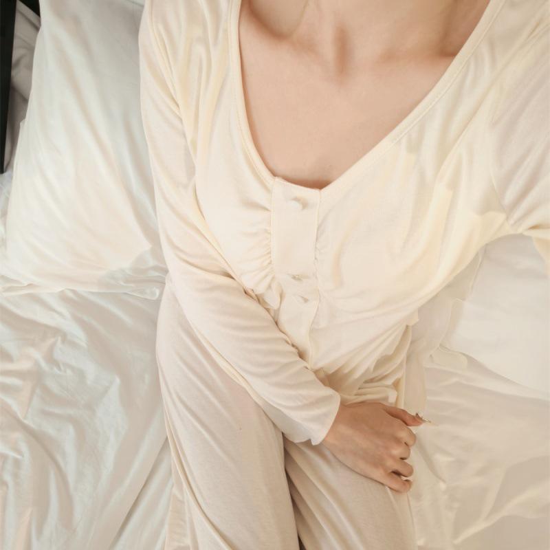 Modal Women's One-Piece Pajama Set with Built-In Bra - Long Sleeve, High-End, Home & Outdoor Wear for Spring & Autumn