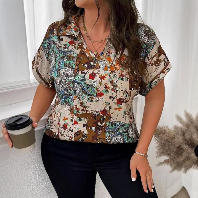 Plus Size Women's Summer New Fashion Painted Floral Print V Neck Short Sleeved Top