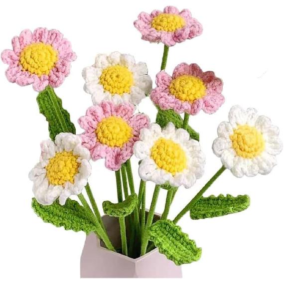 10 Pcs Crochet Flowers, Hand Woven Simulation Daisy Bouquet Knitted Daisy Flowers Chamomile Decor Flower for Home Office Festival Party.