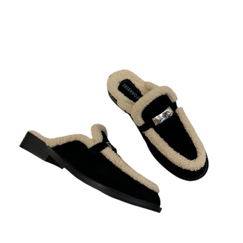 2024 Autumn/Winter Women's Fur-Lined Gold Lock Thick Heel Half Slippers