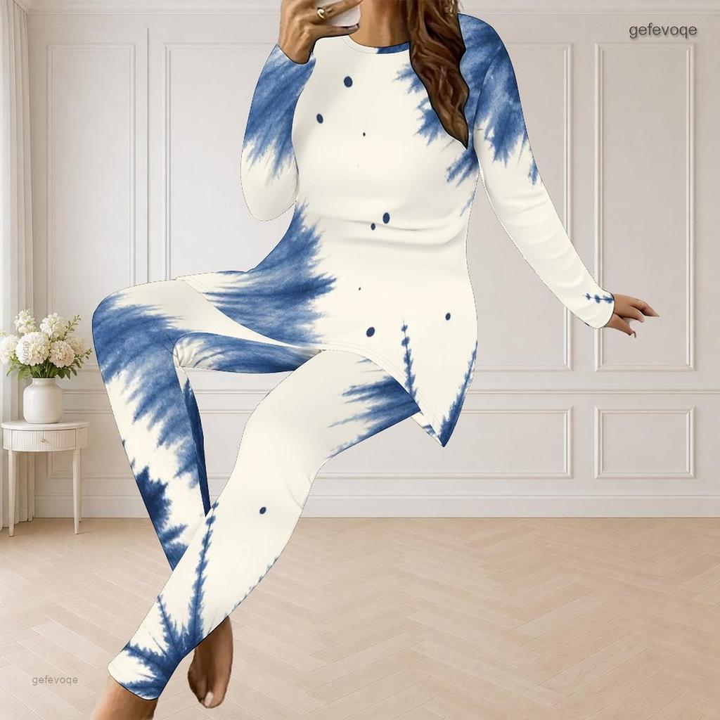 Women Plus Size Round Neck Long Sleeve Printed Blue Beige Longline Top Fitted Pants Two Piece Set