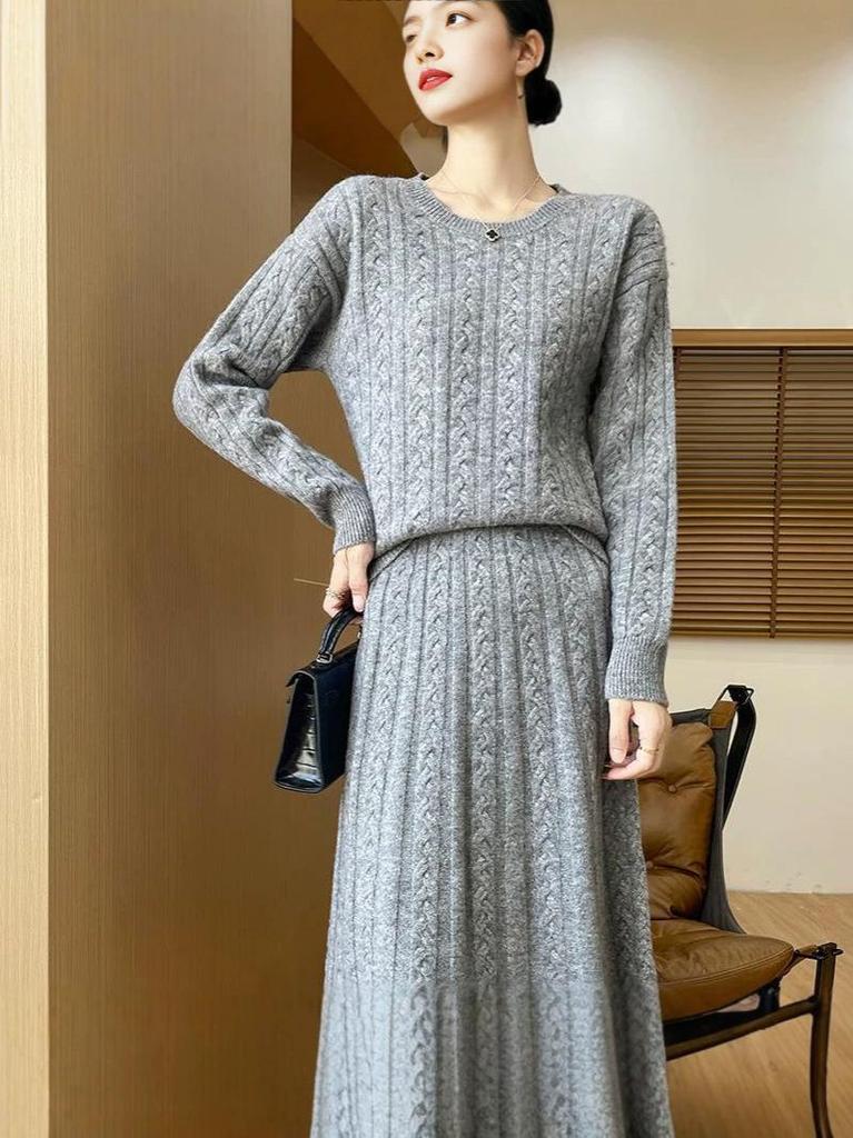 Women's 2026 Autumn/Winter Twisted Pattern Knitwear Set: Round Neck Sweater and Skirt