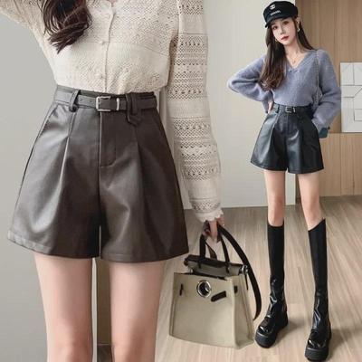 High-Waisted Black PU Leather Shorts for Women - Slim, Wide-Leg Design for Autumn/Winter 2024