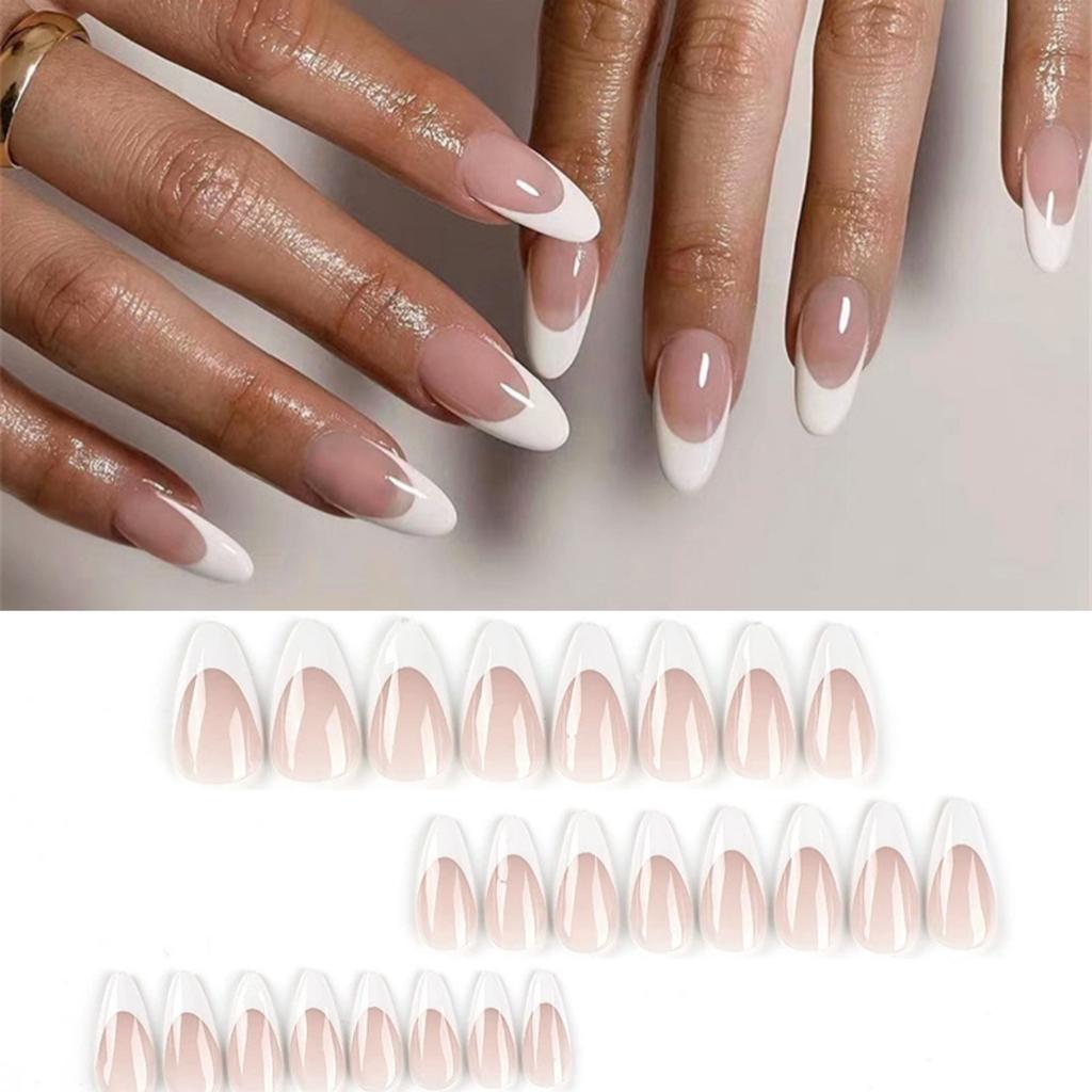24Pcs Almond Long French Fake Nails Pointed Glossy White Edge Artificial Acrylic Press On Nails Removable Nail Art Tips