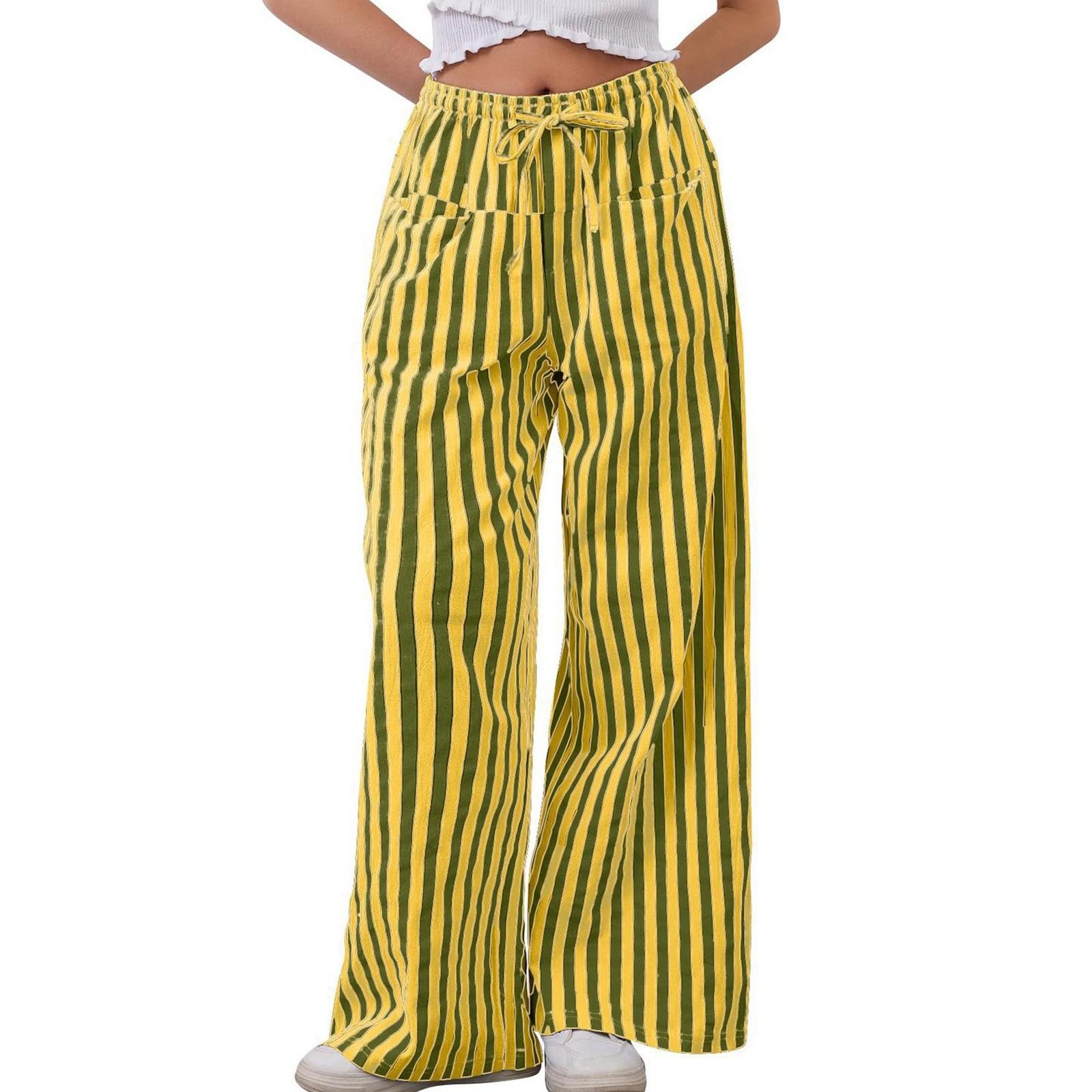 

Women s Fashionable Drawstring Striped Wide Leg Pants With Low Waist Pockets And Loose Casual Pants XL жовтий