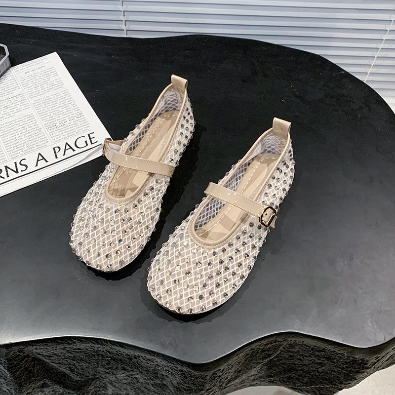 

Стильные сетчатые туфли со стразами для подиума с круглым носком, туфли Мэри Джейн, дышащие балетки на плоской подошве, одинарные туфли, женские летние 37