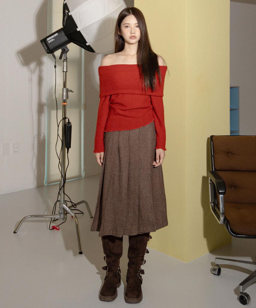 Moroa Wool Pleated Wrap Skirt (Brown)
