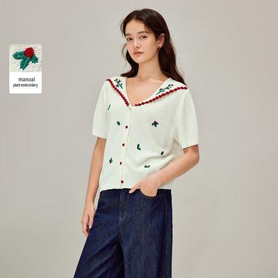 INMAN Women's Vintage Embroidered V-Neck Knit Top
