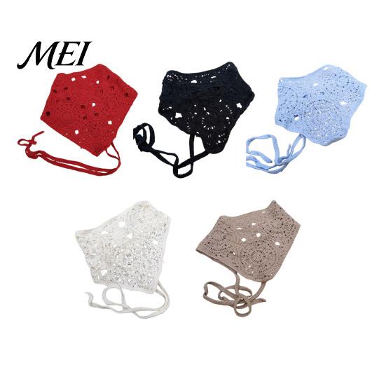 Pastoral Style Scarf Knitted Triangle with Adjustable Strap, Hollow Crochet Design Headscarf, Unisex Multi-Purpose Headband Turban Hair Accessory for
