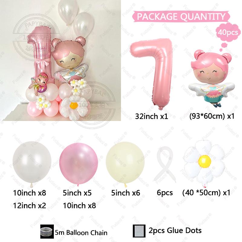 40pcs Cartoon Flower Fairy 32Inch Pink Aluminum Model Digital Balloon Column Birthday Party Decoration Wedding Supplies