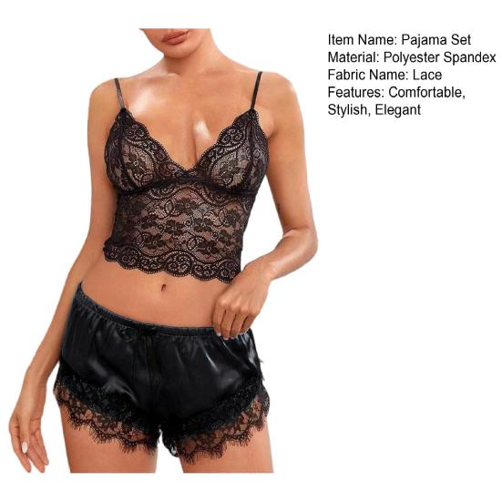 Women Pajama Set Lace Pajama Top Satin Shorts with Black Silk Bow And Lace Trim Sexy Lace Camisole Set for Women Home Sleepwear Gift