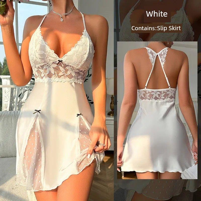 

2025 New Sexy Thin Hollow Pure Desire Nightdress/Sexy Temptation Short Skirt Deep V Lace Backless Slip Dress White L