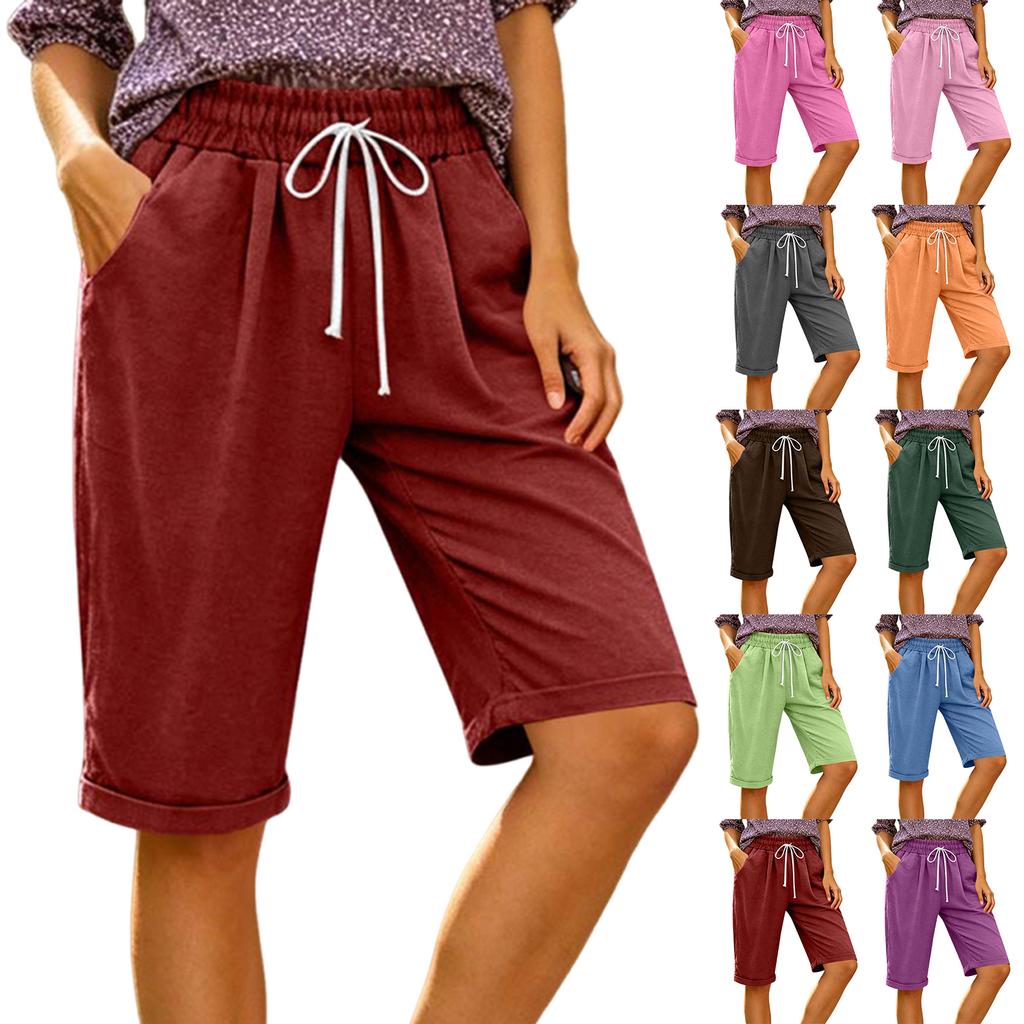 Womens Summer Casual Lounge Shorts Elastic Waist Drawstring Loose Fit Long Bermuda Shorts with Pockets for Daily Beach Travel