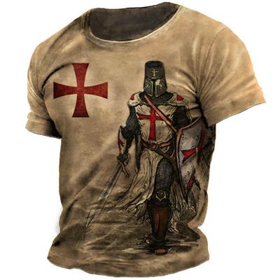 Retro Knights Templar Print Herre-T-skjorter Sommer Løs Polyester Kortermet Herre Overdeler Crusader Soldier Klær Klær
