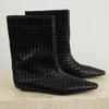 Cowhide Version~ Autumn and Winter New Square Head Woven Loose Sleeve Wedge Short Boots Women's Versatile High-end Medium Boots