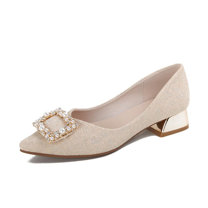 

Womens Beige Glitter Pointed Toe Block Heel Pumps With Pearl Rhinestone Buckle Elegant Dress Shoes Office Work Wedding Party 35