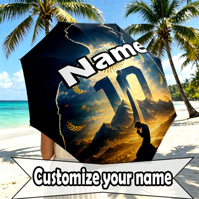 Custom Name Personalized Lionel Messi Print Umbrella, Auto Open Close, 8‑Rib Sturdy Frame, Commute Camping Hiking Use, Birthday Gift