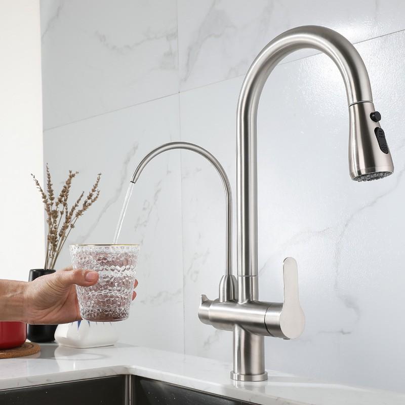 Nickel/Svart 304 Rostfritt Stål Utdragbar Kökskran Dubbelhandtag Enhål Vattenrenare Tvätt Varmt Och Kallt Handfatkran