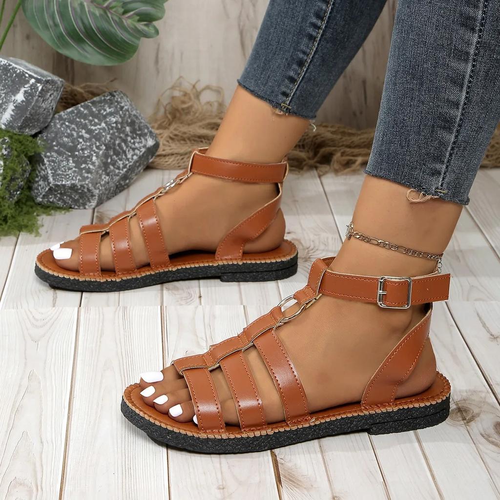Fashion Sandals Women's 2025 Fashion Leather PU Round Toe Ankle Metal Buckle Platform Women's Shoes Handmade Flat Sandals in Summer
