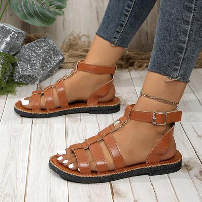 Fashion Sandals Women's 2025 Fashion Leather PU Round Toe Ankle Metal Buckle Platform Women's Shoes Handmade Flat Sandals In Summer