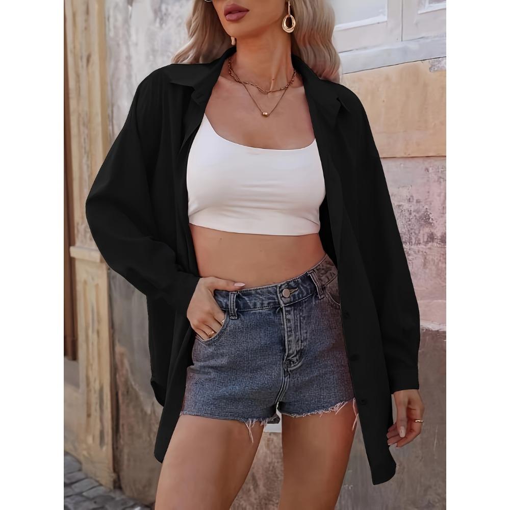 

Женская элегантная рубашка с длинным рукавом на пуговицах - Однотонная, Свободного кроя, Длины до колена, Повседневная одежда для весны/лета, Удобная в носке | XL чёрный