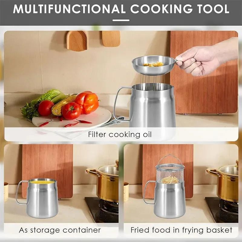 2.0L Stainless Steel Oil Filter Pot with Mesh Large Capacity Household Fryer Oil Storage Tank Residue Separation Tool