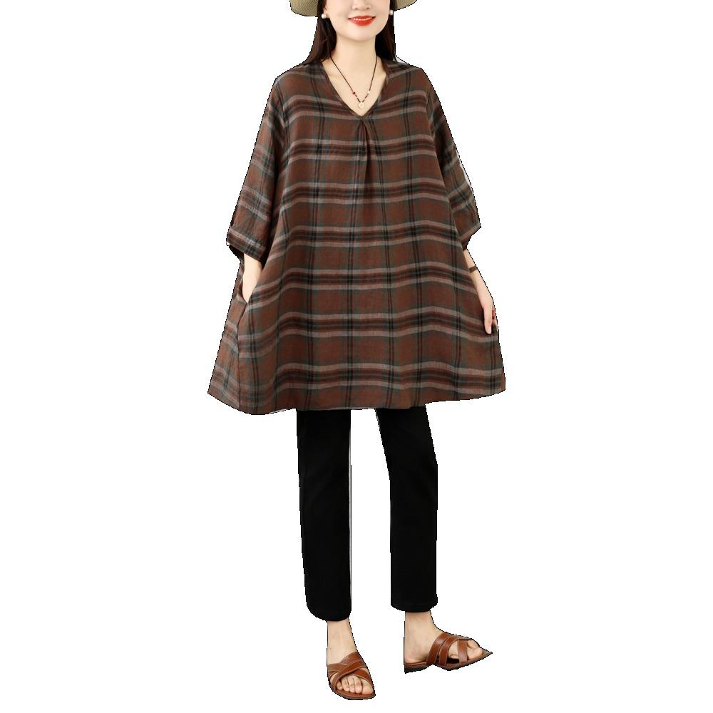 DIMANAF 2026 Summer New Plus Size Women T-Shirts Casual Vintage Print Plaid Blouse Shirts Lady Tops Tees Cotton Oversized