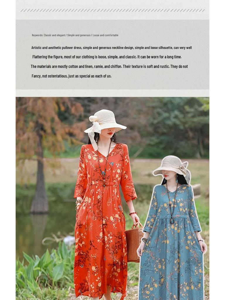 2026 Summer Retro Print Cotton & Linen Long Dress for Women