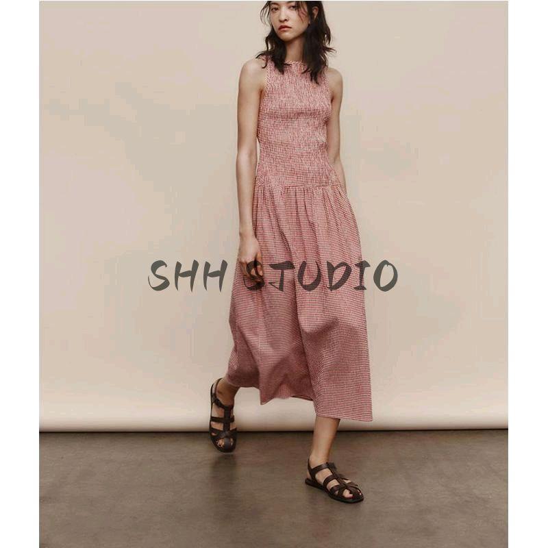 Spring New Women's Clothing French Style Retro Crew Neck Sleeveless Silm Gingham Midi Skirt Dress 3067329