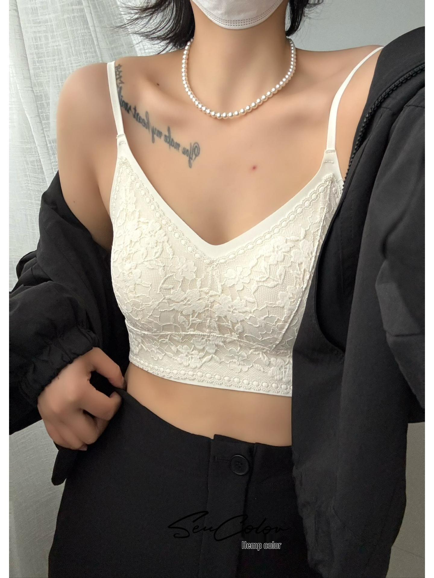 French Lace V-neck Strapless Bandeau - Thickened Cup, Breathable, Seamless, Sexy Back, Small Chest Gathering. One Size (suitable for 85-130 jin) белый/кремовый