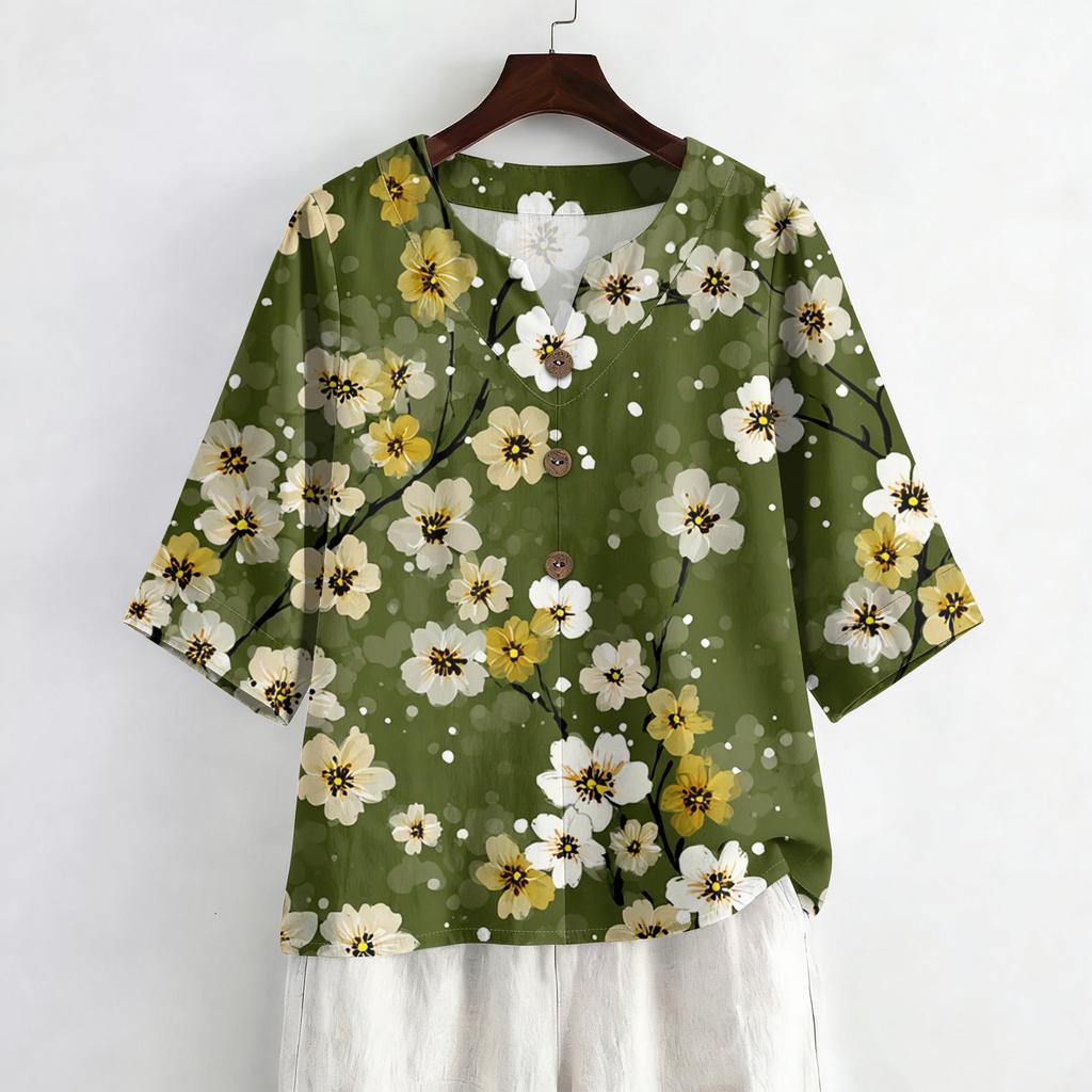Dames Zomer Mode V-hals 3/4 Mouw Blouse Casual Losse Pasvorm Bloemenprint Top