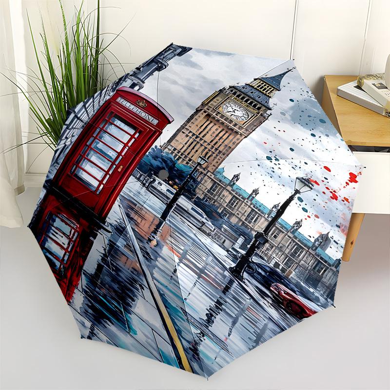 

London, Telephone Booth Themed Automatic Opening and Closing Umbrella, Brightly Colored 8-rib Portable Umbrella, Suitable for Men and Women,