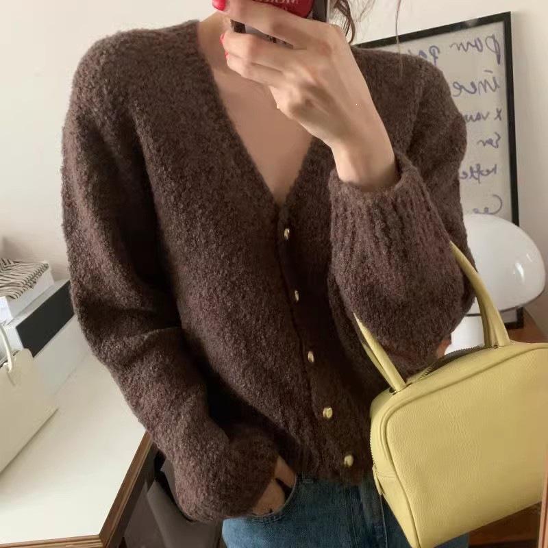 Vintage V-neck Plush Knit Cardigan - Autumn/Winter Slimming, Single-Breasted, Long Sleeve, Loose Fit