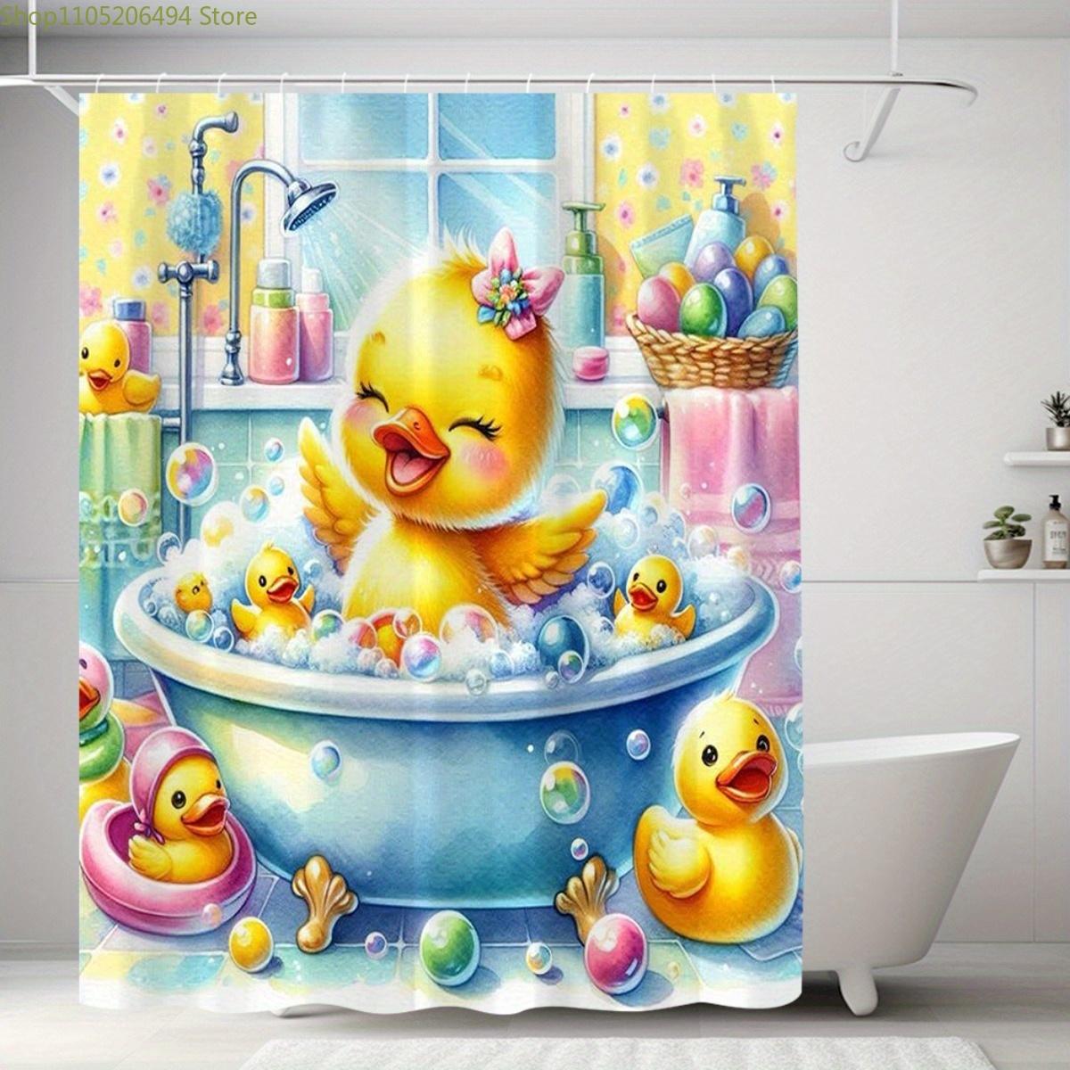Textile Article Light Cute Duck In Bath Pattern Shower Curtain, Digital Printed Shower Curtain, No Drilling Bathroom Partition Curtain, Suitable For
