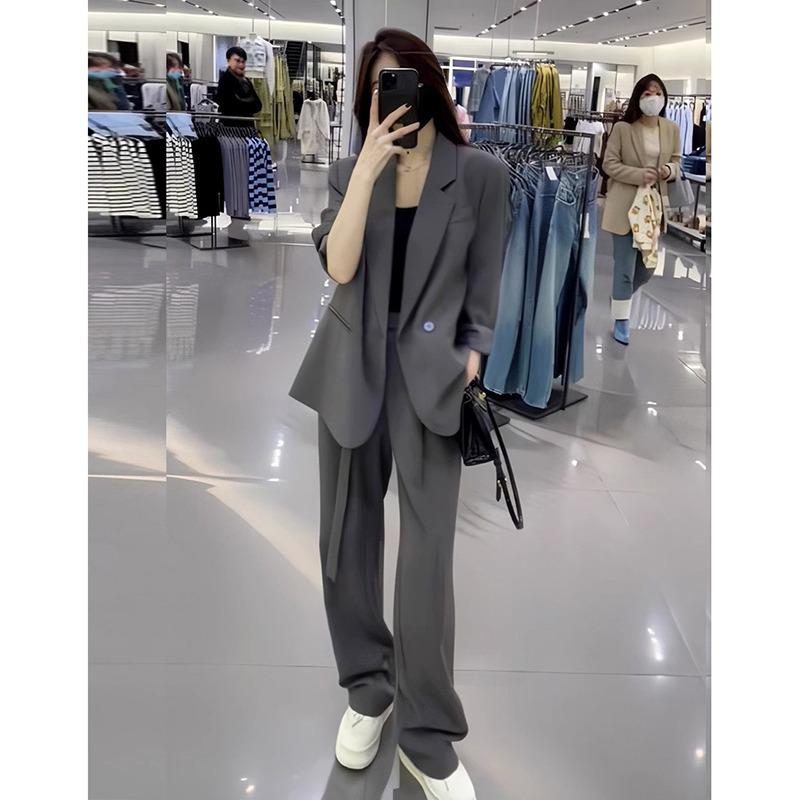 

2602 Spring/Autumn Plus Size Women s Suit Jacket & Casual Pants Two-Piece Formal Set 2XL серый