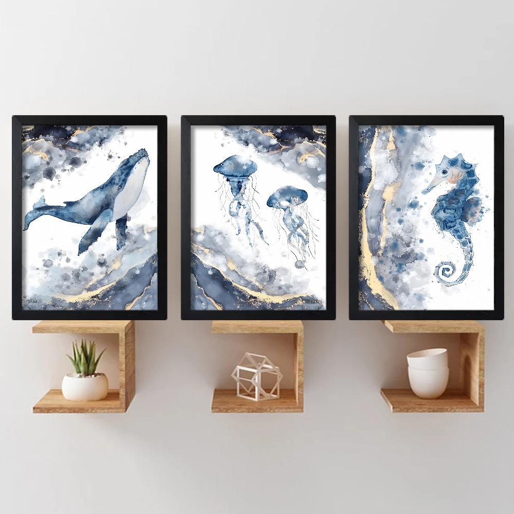 Set da 3 pezzi Balena Pesce Oceano Pittura a Olio su Tela con Cornice in Legno Disegno Decorazione Murale Decorazioni per Casa Stanza