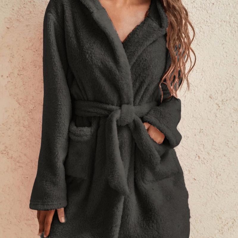 Damen Bademantel aus dickem Flanellfleece – Lang, kuschelig, Herbst-/Winter-Loungewear