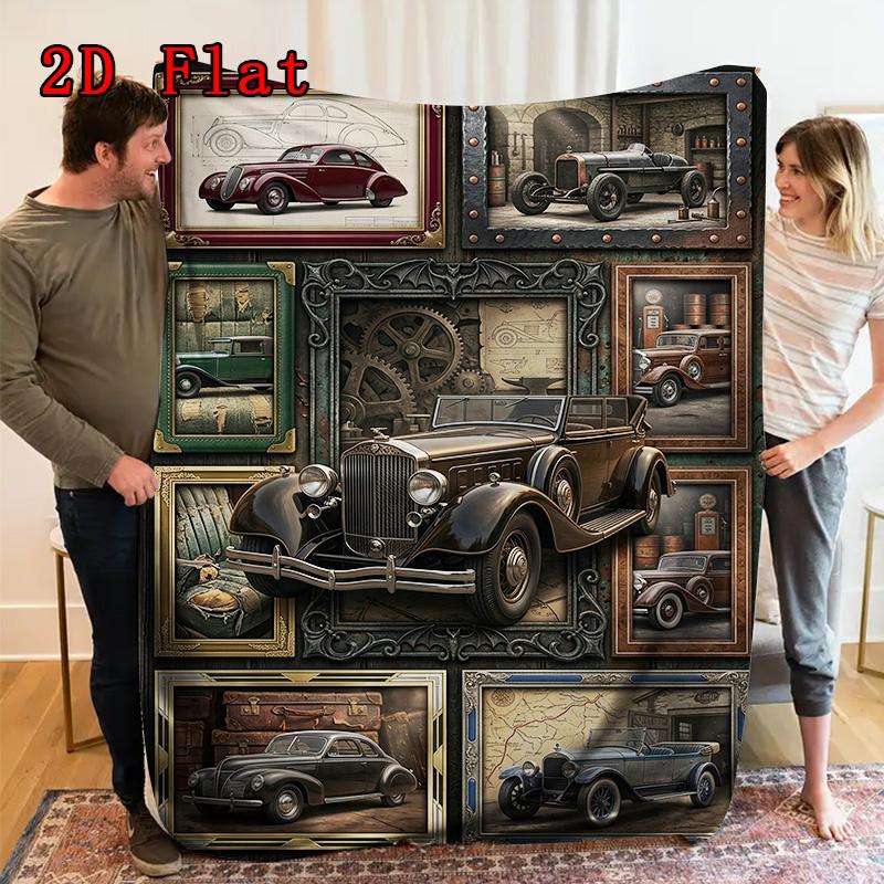 Vintage Car Art Rug 2D Flat Pattern Flannel Blanket, High Quality All Seasons, Home Decor, Warmth and Comfort, Perfect for Christmas Gifts.