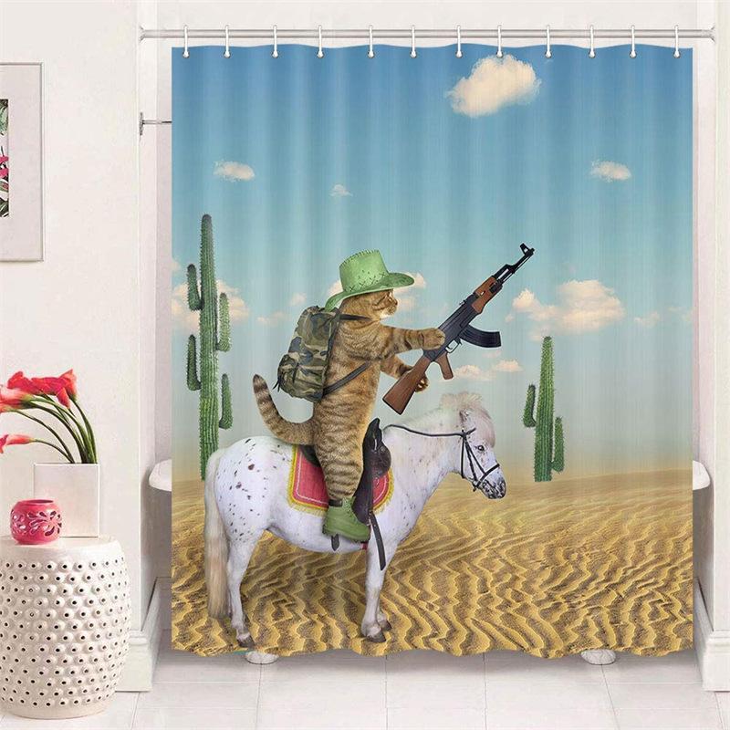 Pirate Cat Riding Shark Shower Curtain Funny Space Galaxy Rainbow Waterproof Fabric Bath Curtain With Hooks For Bathtub Decor