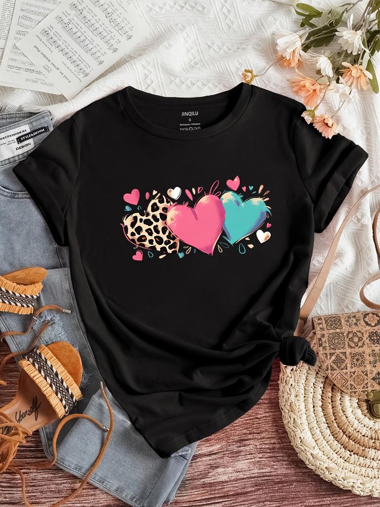 Heart Print Crew Neck Tshirt Short Sleeve Casual Top For Spring Summer Womens Clothing