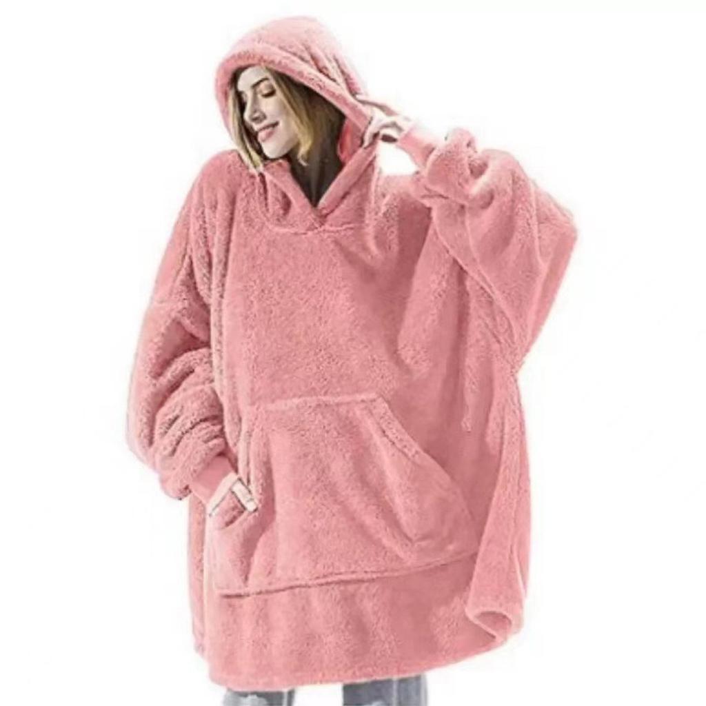 Women Warm Hooded Outerwear Solid Elegant Soft Double Fleece Jacket Unisex Pocket Pullover Long Hoodies Home Wear