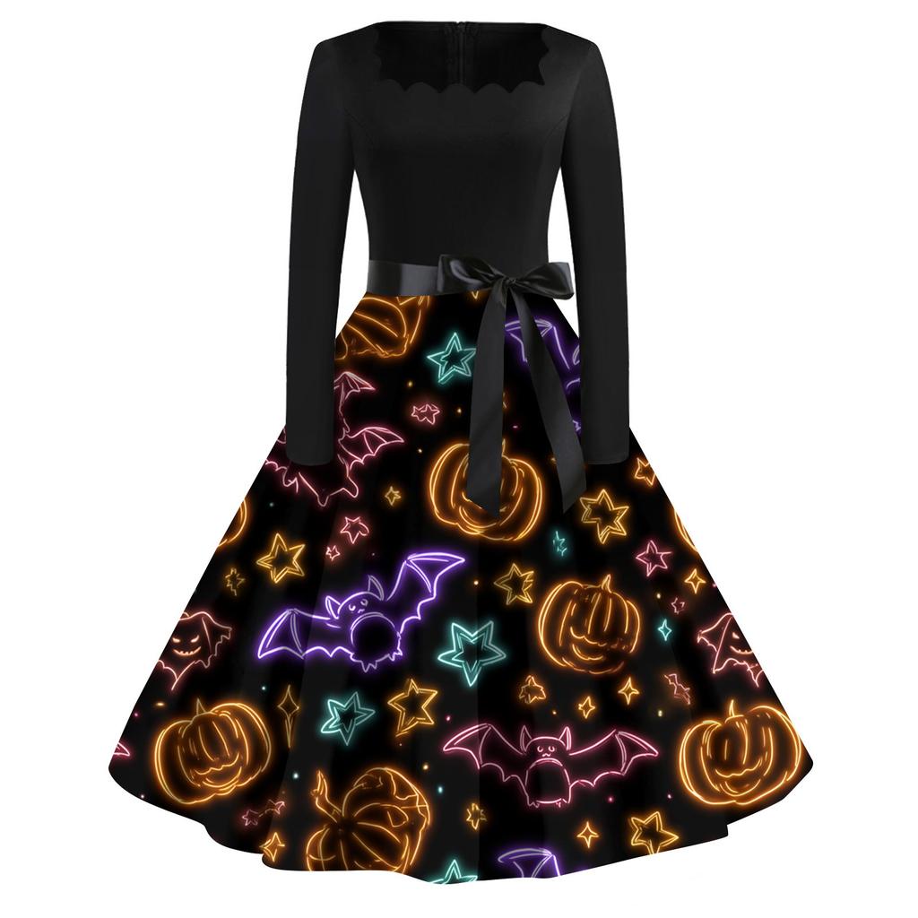 Dámské ležérní módní šaty s halloweenským potiskem a čtvercovým výstřihem ve vintage stylu