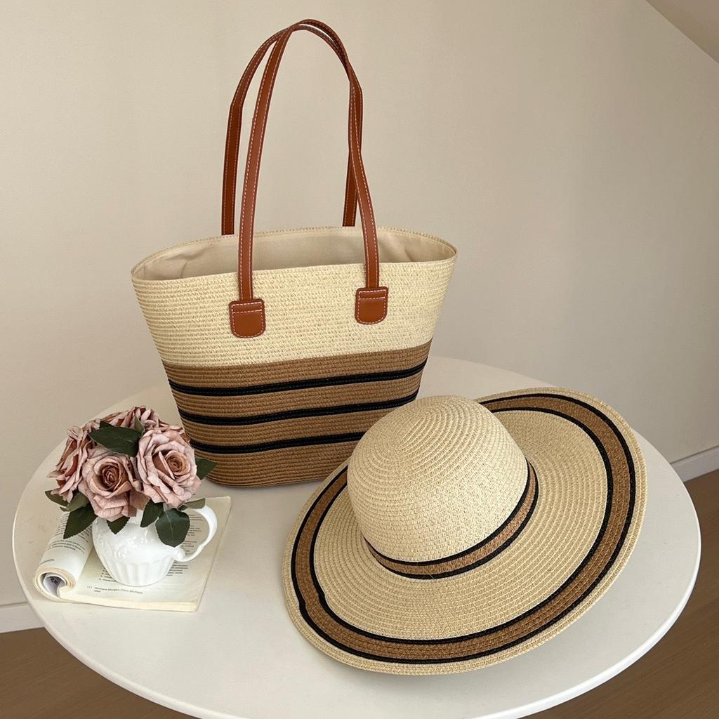 Straw Bag White Beach Hat Women's Summer Beach Tote Bags Outdoor Travel Vacati Large Capacity Shoulder Handbag Shade Beach Hat