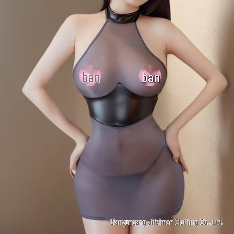 Jifeiman Sexy Lingerie: Patent Leather & See-Through Bodycon Skirt Set for Women