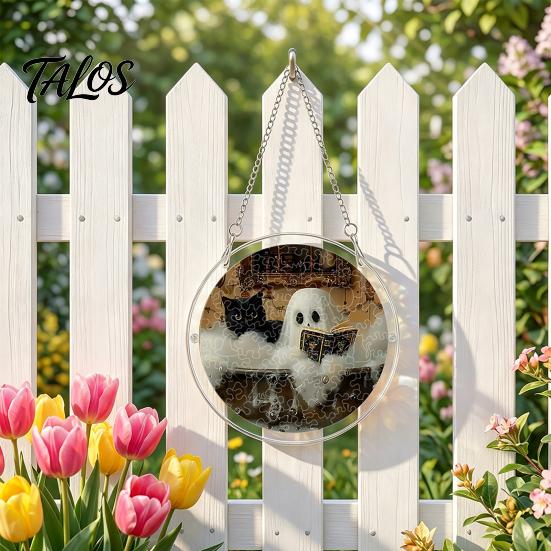 Elegant Halloween Glass Effect Ornament Acrylic Suncatcher Jigsaw Puzzle Set, Spooky Ghost Floral Meadow Window Hanging with Metal Sturdy Frame Decor