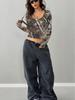 European Fashion 2025 Women's Retro Camouflage Tree Branch Pattern U-Neck Slim Fit Cropped T-Shirt